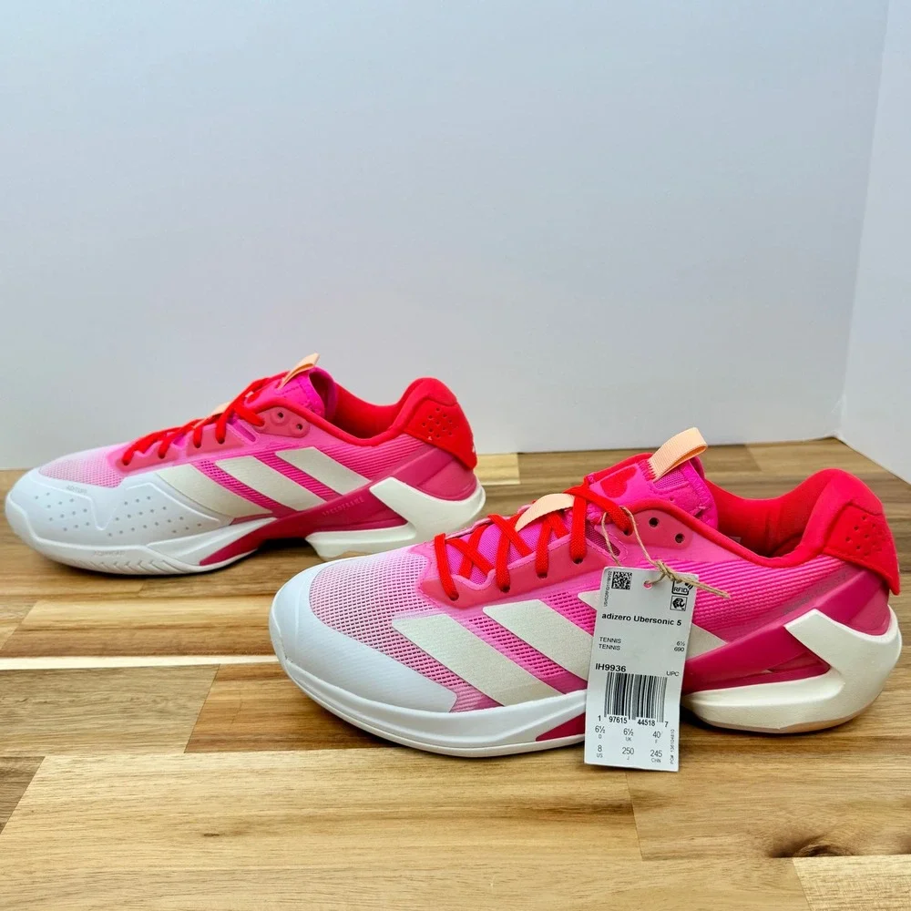 Adidas Ubersonic 5 Tennis Shoes Women's Pink White Heart Lace Up Athletic Size 8